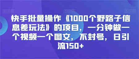 快手批量操作《1000个野路子信息差玩法》的项目，一分钟做一个视频一个图文，不封号，日引流150+【揭秘】-侠客分享网