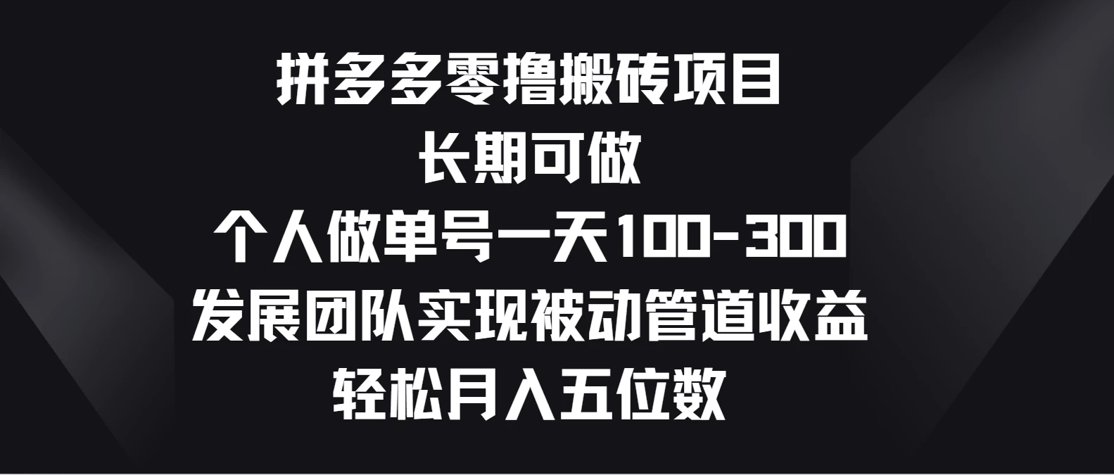 拼多多零撸搬砖项目，长期可做，个人做单号一天100-300，发展团队实现被动管道收益，轻松月入五位数-侠客分享网