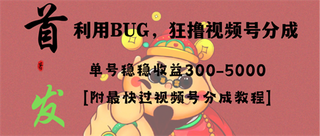 全网独家首发，视频号BUG，超短期项目，单号每日净收益300-5000！-侠客分享网