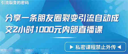 （9850期）仅靠分享一条朋友圈裂变引流自动成交2小时1000内部直播课程-侠客分享网