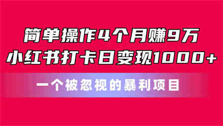 简单操作4个月赚9万！小红书打卡日变现1000+！一个被忽视的暴力项目-侠客分享网